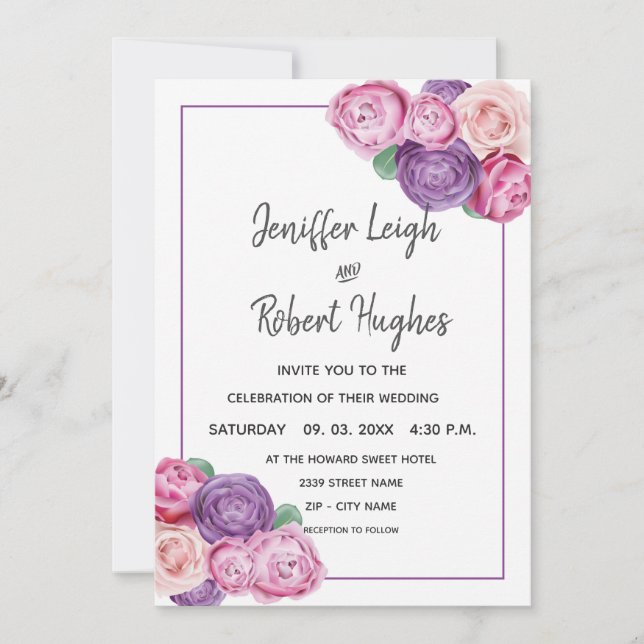 Ultra violet and pink Roses wedding Invitation (Front)