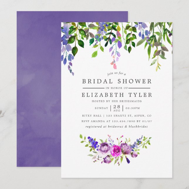 Ultra Violet Bridal Shower Floral Invitation (Front/Back)