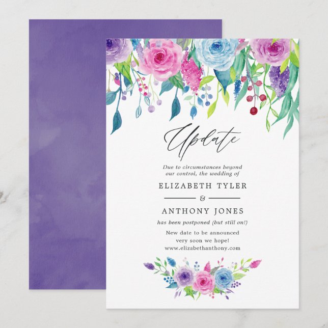 Ultra Violet colour combo Floral Wedding Update Invitation (Front/Back)