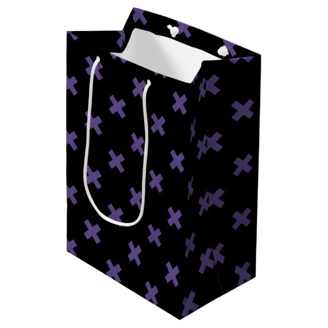 Ultra violet cross stitches on black medium gift bag (Front Angled)