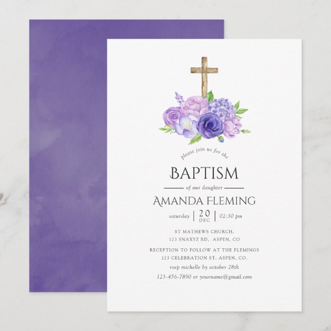Ultra Violet Floral Baptism or Christening Invitation (Front/Back)