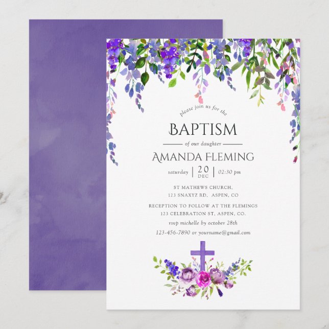 Ultra Violet Floral Baptism or Christening Invitation (Front/Back)