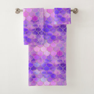 Ultra Violet & Gold Mermaid Scale Pattern Bath Towel Set