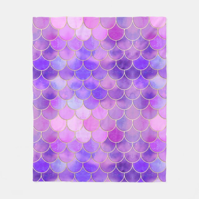 Ultra Violet & Gold Mermaid Scale Pattern Fleece Blanket (Front)
