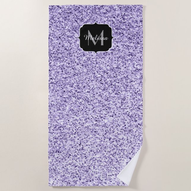 Ultra violet light purple glitter sparkle Monogram Beach Towel (Front)