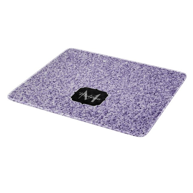 Ultra violet light purple glitter sparkle Monogram Cutting Board (Corner)