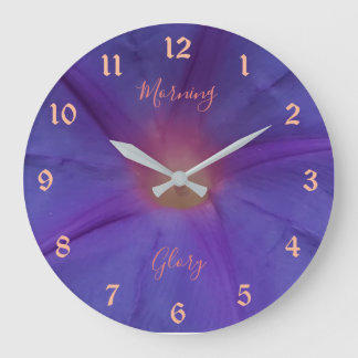 Ultra Violet Morning Glory Flower and Text Large Clock