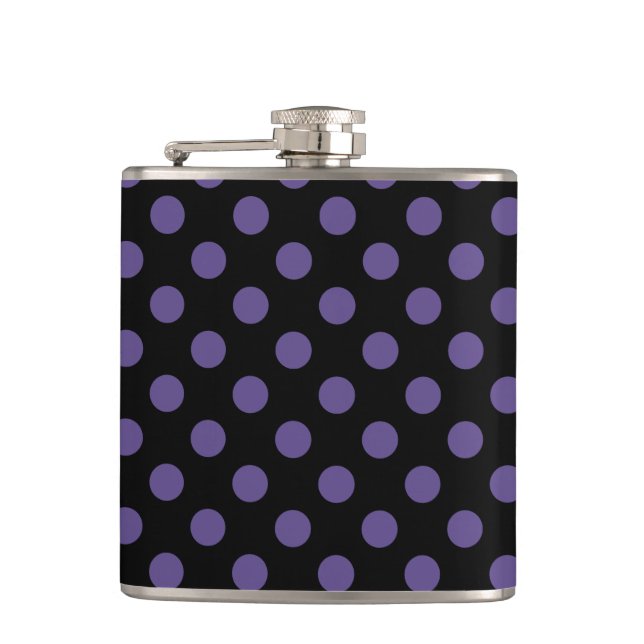 Ultra violet polka dots on black hip flask (Front)