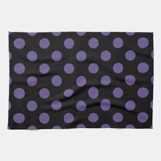 Ultra violet polka dots on black kitchen towel (Horizontal)