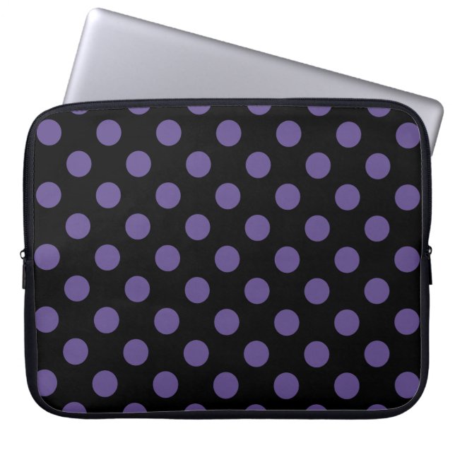 Ultra violet polka dots on black laptop sleeve (Front)