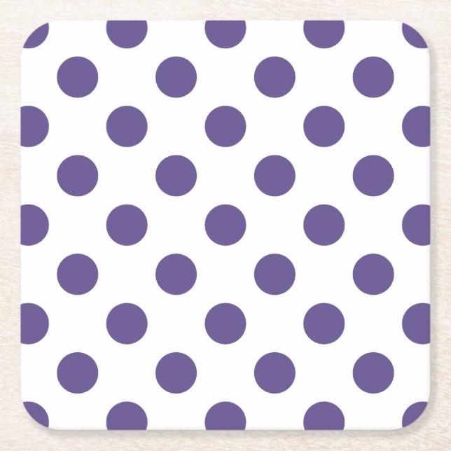 Ultra violet polka dots on white square paper coaster (Front)