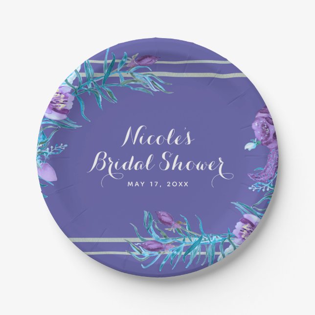 Ultra Violet Purple & Aqua Floral Chic Paper Plate (Front)