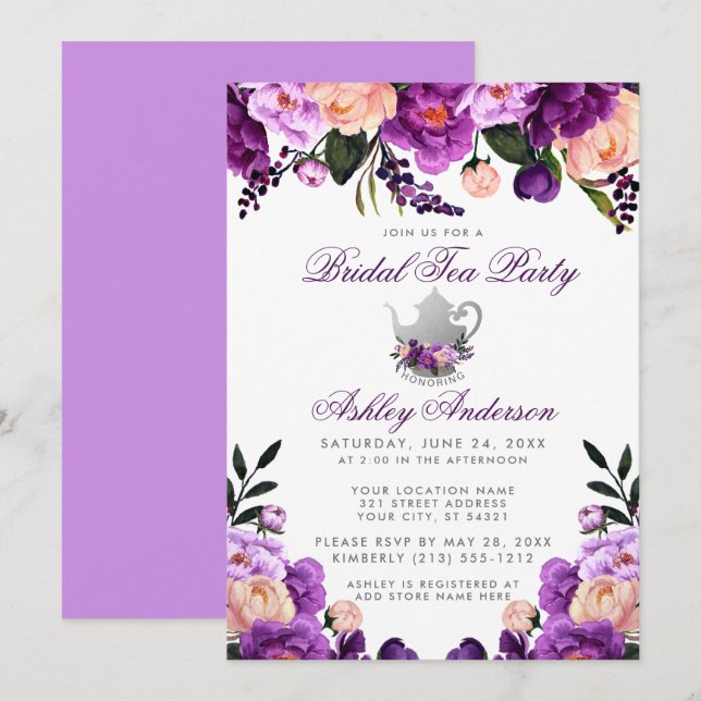 Ultra Violet Purple Bridal Shower Tea Party Invite (Front/Back)