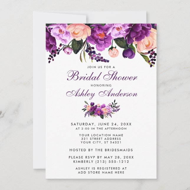 Ultra Violet Purple Floral Bridal Shower Invite (Front)
