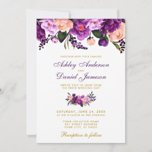 Ultra Violet Purple Floral Gold Wedding Invite