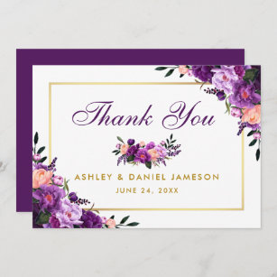 Ultra Violet Purple Floral Gold Wedding Thank You