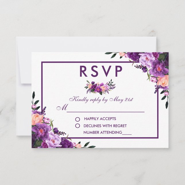 Ultra Violet Purple Floral RSVP Wedding V Card (Front)