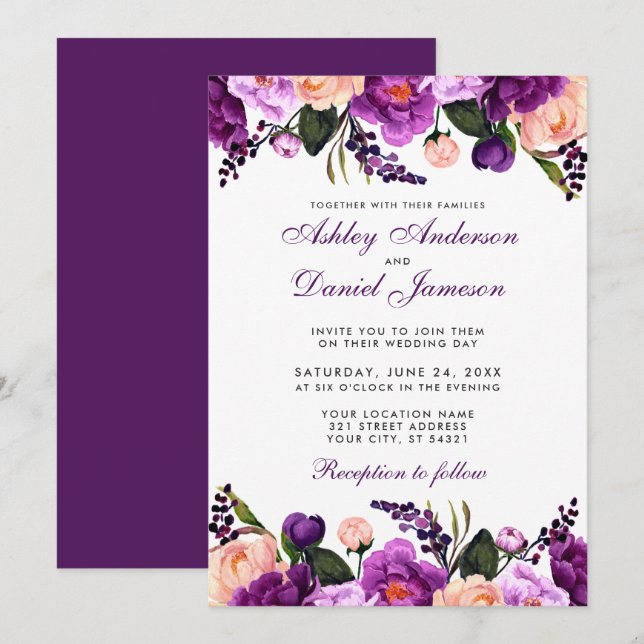 Ultra Violet Purple | Floral Wedding Invitation P (Front/Back)