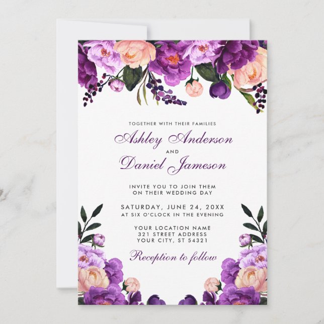 Ultra Violet Purple Floral | Wedding Invitation PS (Front)