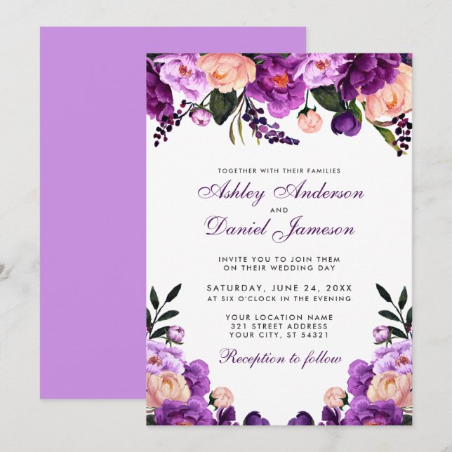 Ultra Violet Purple Floral | Wedding Invitation V (Front/Back)