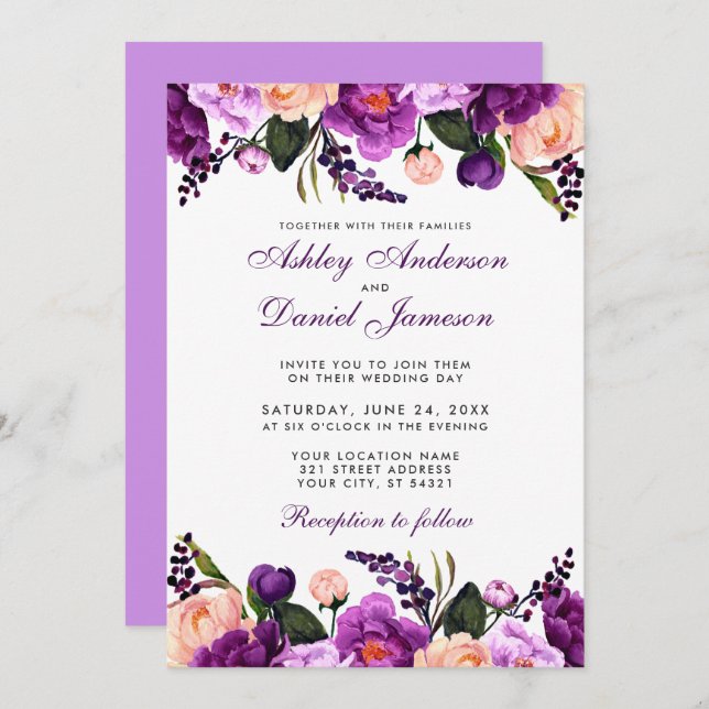 Ultra Violet Purple | Floral Wedding Invitation V (Front/Back)