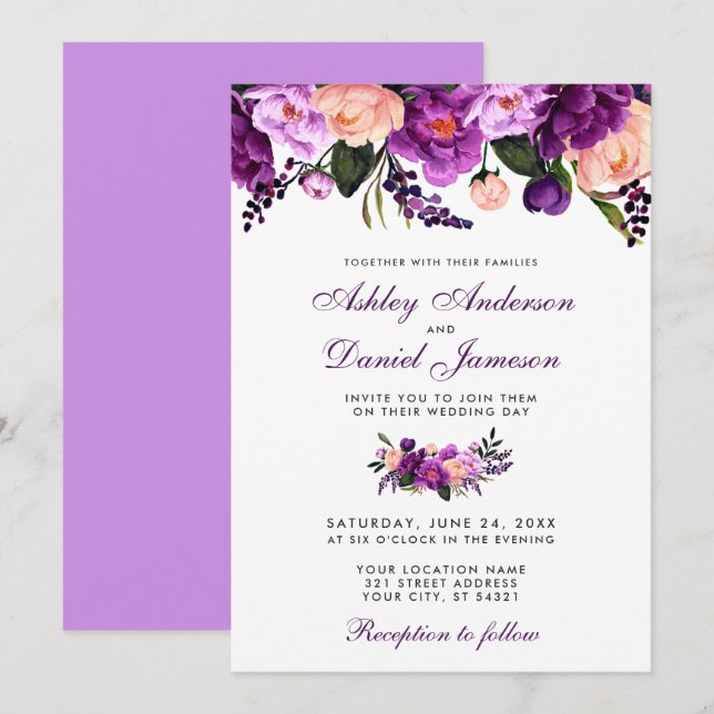 Ultra Violet Purple Floral Wedding Invitation VBP (Front/Back)