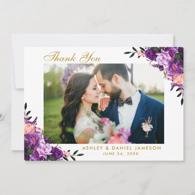 Ultra Violet Purple Floral Wedding Thank You Gold (Front)