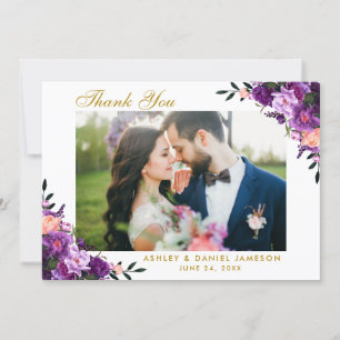 Ultra Violet Purple Floral Wedding Thank You Gold Card
