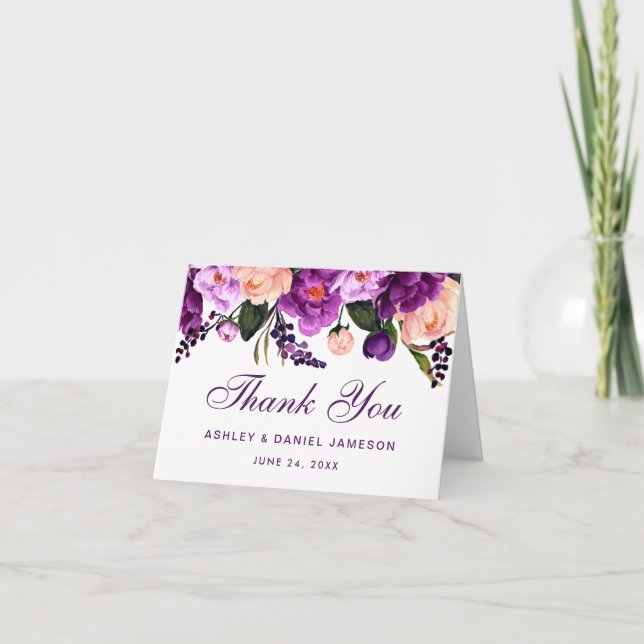 Ultra Violet Purple Floral Wedding Thank You Note Card (Front)