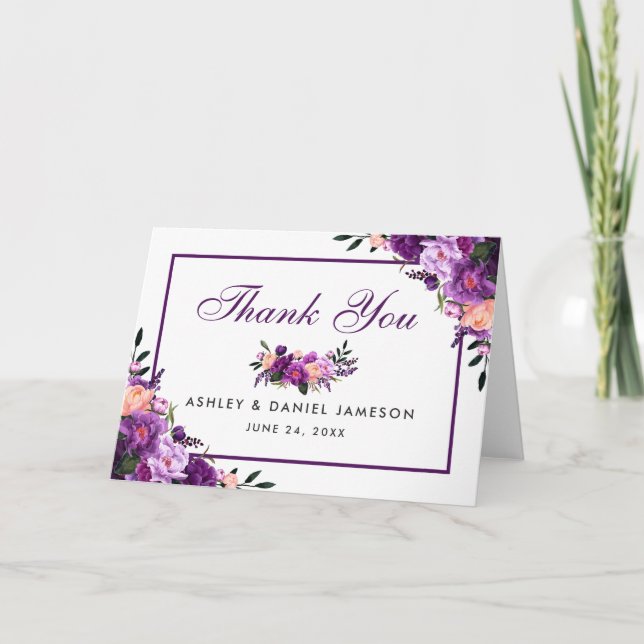 Ultra Violet Purple Floral Wedding Thanks Note PF Thank You Card (Front)