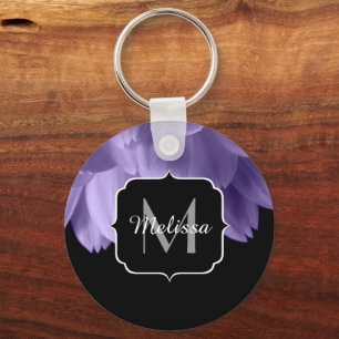 Ultra violet purple flower petals black Monogram Keychain
