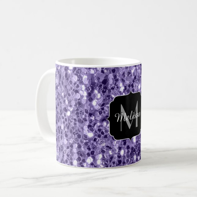 Ultra violet purple glitter sparkles Monogram Coffee Mug (Front Left)