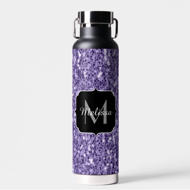 Ultra violet purple glitter sparkles Monogram Water Bottle (Front)