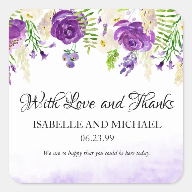 Ultra Violet Rose Floral Summer Wedding, Custom Square Sticker (Front)