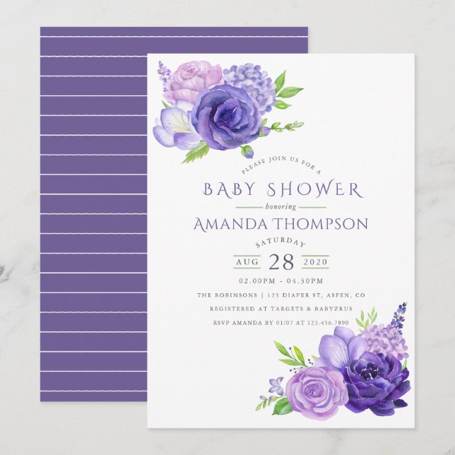 Ultra Violet Watercolor Floral Baby Shower Invite (Front/Back)
