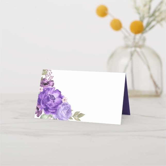 Ultra Violet Watercolor Floral Frame Place Cards (Front)