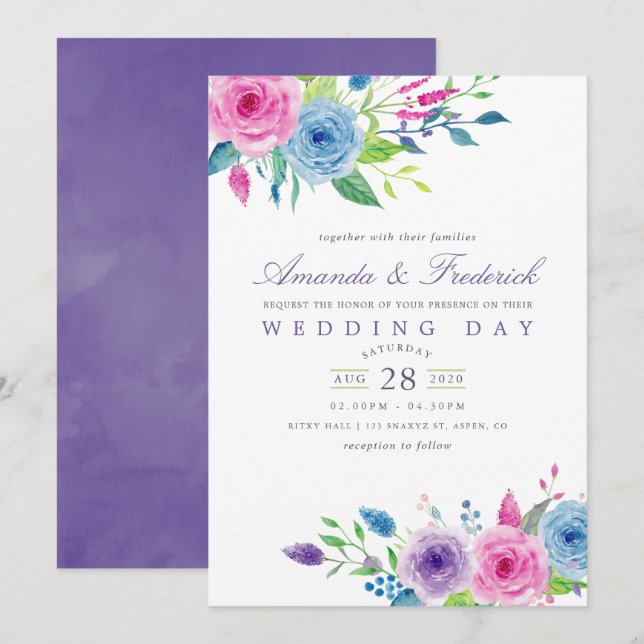 Ultra Violet Watercolor Floral Wedding Invitation (Front/Back)