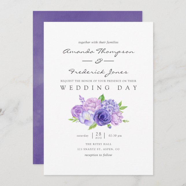 Ultra Violet Watercolor Floral Wedding Invitation (Front/Back)