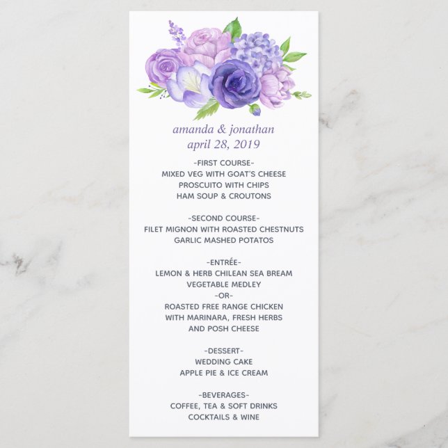 Ultra Violet Watercolor Floral Wedding Menu (Front)