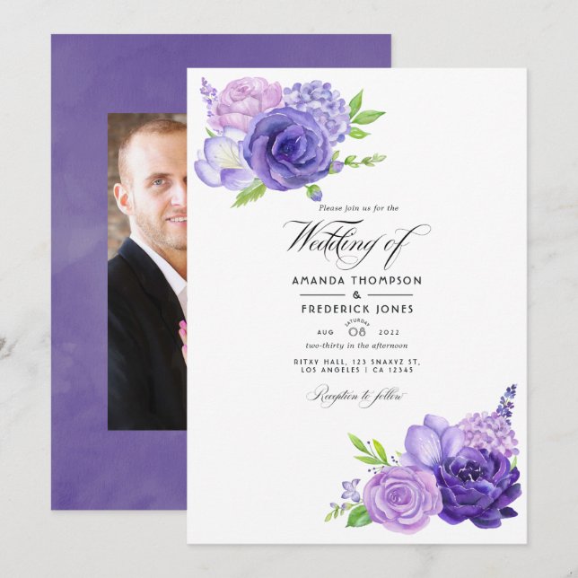 Ultra Violet Watercolor Floral Wedding Photo Invitation (Front/Back)