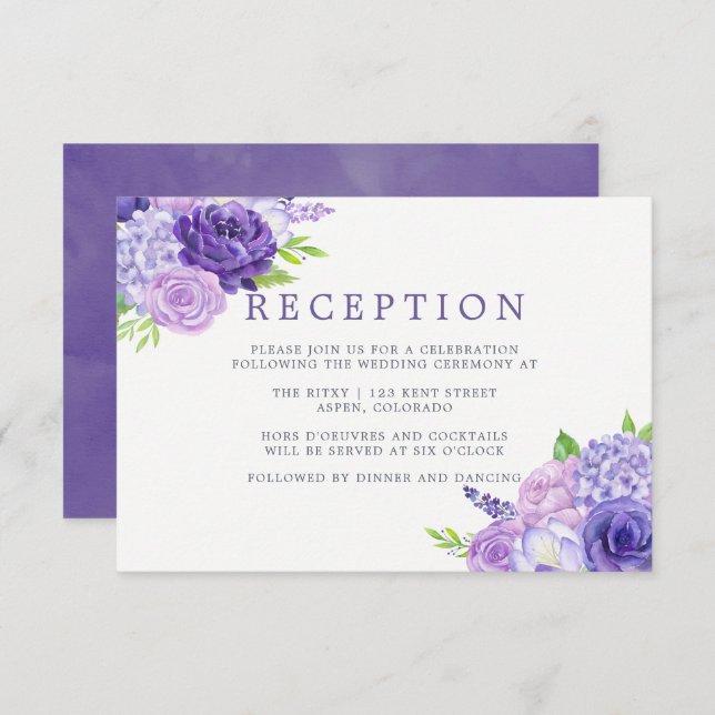 Ultra Violet Watercolor Floral Wedding Reception Invitation (Front/Back)