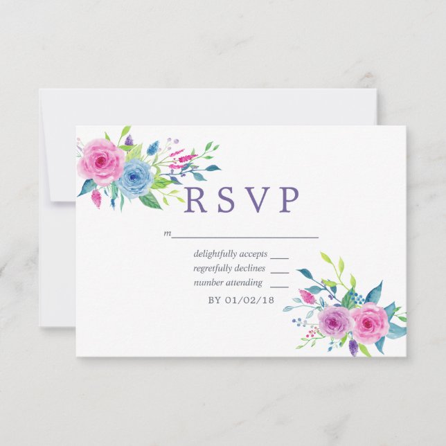 Ultra Violet Watercolor Floral Wedding RSVP (Front)
