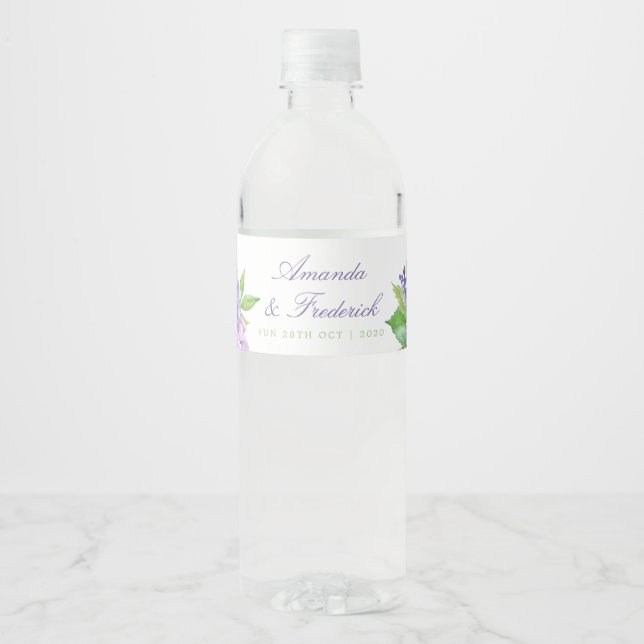 Ultra Violet Watercolor Floral Wedding Water Bottle Label (Front)
