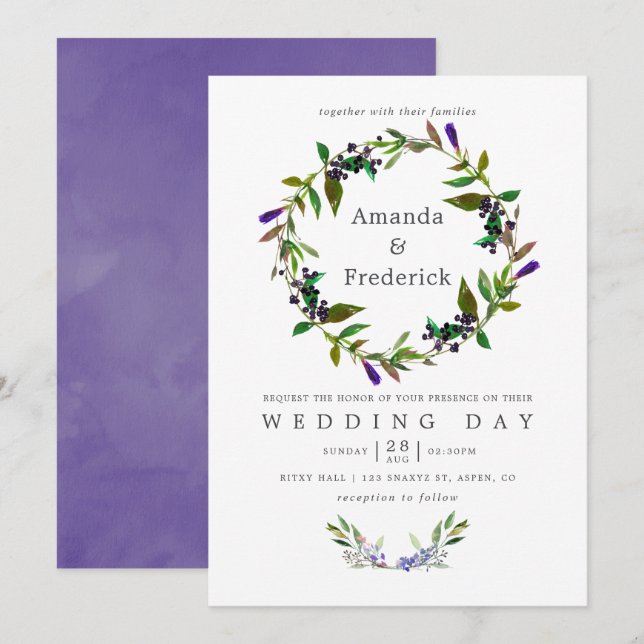 Ultra Violet Wedding Watercolor Floral Invitation (Front/Back)
