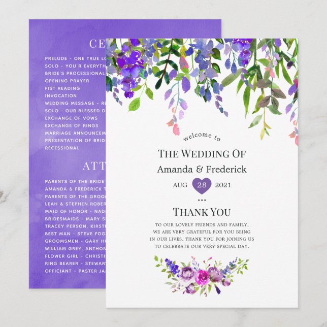 Ultra Violet Wedding Watercolor Floral Program (Front/Back)