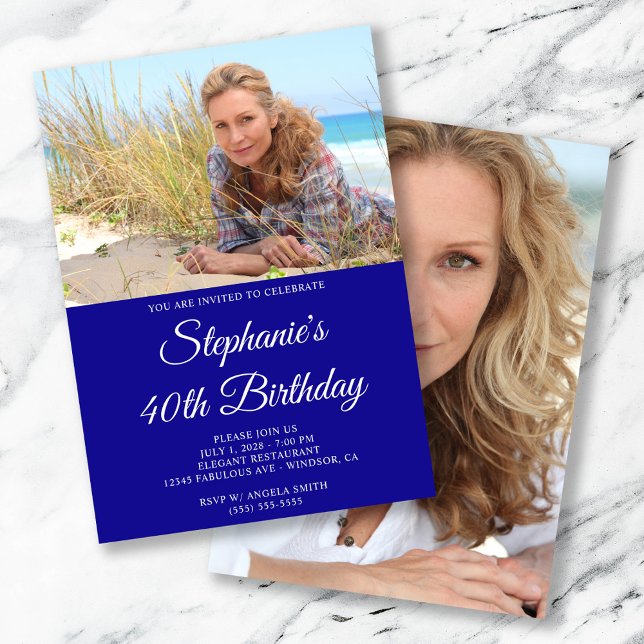 Ultramarine and White Elegant Script 40th Birthday Invitation (Cobalt Royal Blue and White Elegant Script 40th Birthday Invitation)