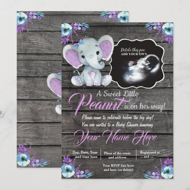 Ultrasound Elephant Baby Shower Invitation, rustic Invitation (Front/Back)