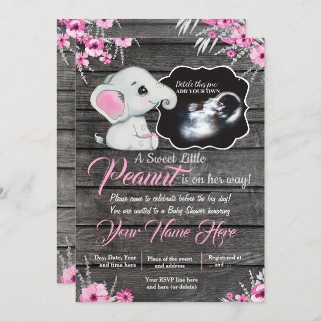 Ultrasound Elephant Baby Shower Invitation, rustic Invitation (Front/Back)
