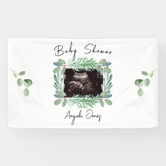 Ultrasound  Photo Greenery Neutral Baby Shower Banner (Horizontal)