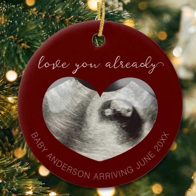 Ultrasound Pregnancy Announcement Keepsake Heart Ceramic Ornament ("love you already" ultrasound sonogram heart shape pregnancy reveal announcement christmas ornament)